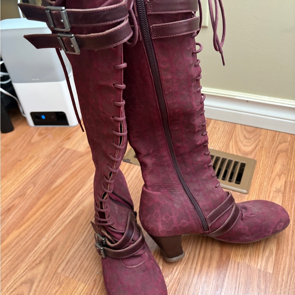 John Fluevog Women's Lace-Up Knee-High Boots in Burgundy